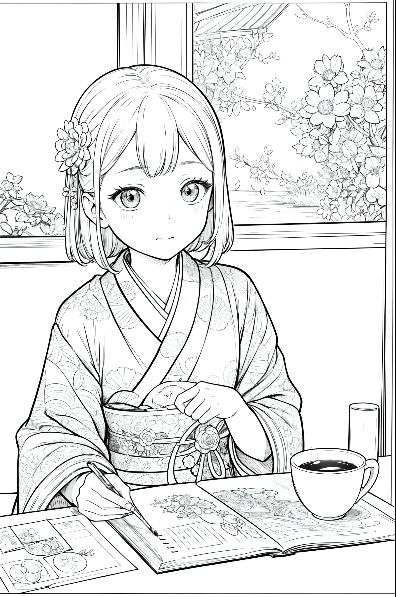 Masterpiece, top class, unique, cute, flowers, line drawing background, white background, monochrome, line drawing, ((sketch)), creepy, white eyes, create a monochrome coloring book that even adults can easily do, a realistic and cute ukiyo-e of a girl wearing a kimono making a collage with a tea room in the background where a hanging scroll can be seen, and a postcard placed on the table conveys Japanese culture.