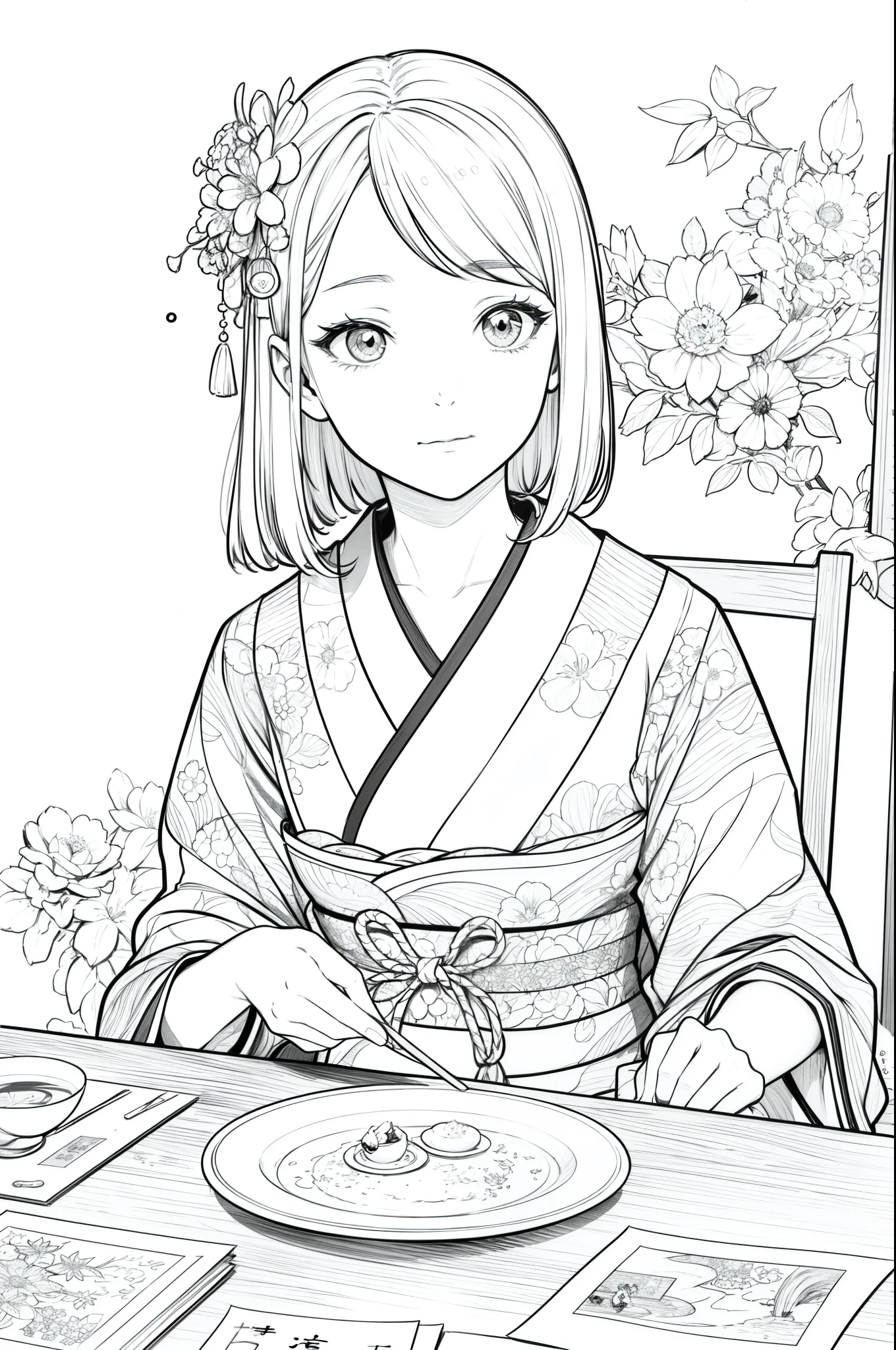 Masterpiece, top class, unique, cute, flowers, line drawing background, white background, monochrome, line drawing, ((sketch)), creepy, white eyes, create a monochrome coloring book that even adults can easily do, a realistic and cute ukiyo-e of a girl wearing a kimono making a collage with a tea room in the background where a hanging scroll can be seen, and a postcard placed on the table conveys Japanese culture.
