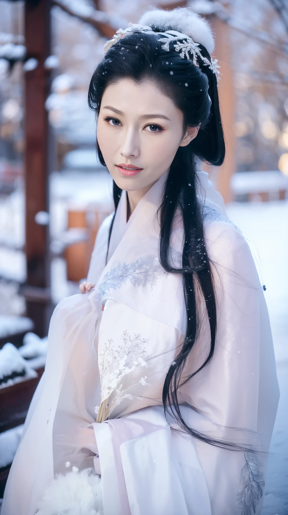 1 Fashion Model [[[[close up]]]], [[[[neck]]]], [[[[Shoulder]]]], (((Complete head)))，(((Complete hairstyle)))，Perfect eyes, Perfect Iris，Perfect lips，Perfect Teeth，Perfect skin，White skin，Soft headlights，High-density imaging，Black long hair，（Clean and delicate face），((White fur winter hanfu))，((Half-length photo))，((The background is a snowy scene))，((winter))，((Various dynamic poses))，((The background is a snowy scene))，best quality，masterpiece，（Soft colors：1.2）