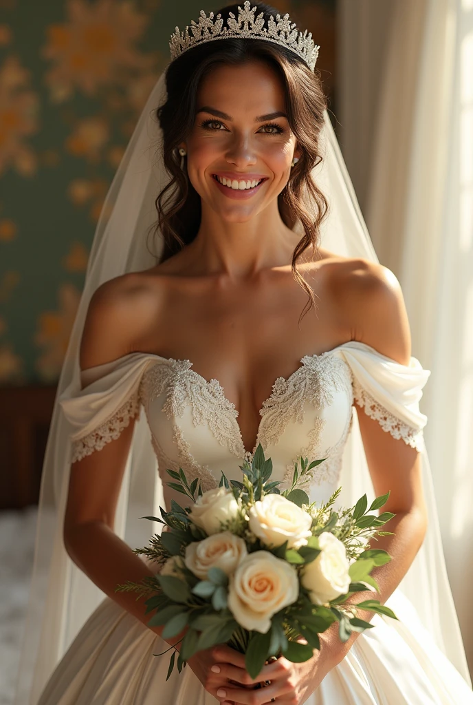 Rhona mitra, 1girl, realistic, solo, wedding dress, white dress, satin, lace, ballgown style, smiling, professional photograph, vibrant colors, balanced lighting, holding bouquet, cute, beautiful, perfect face, perfect hands , detailed, veil, tiara, hd, 8k, (masterpiece), best quality, expressive eyes, perfect face, Looking at viewer, Smile, 