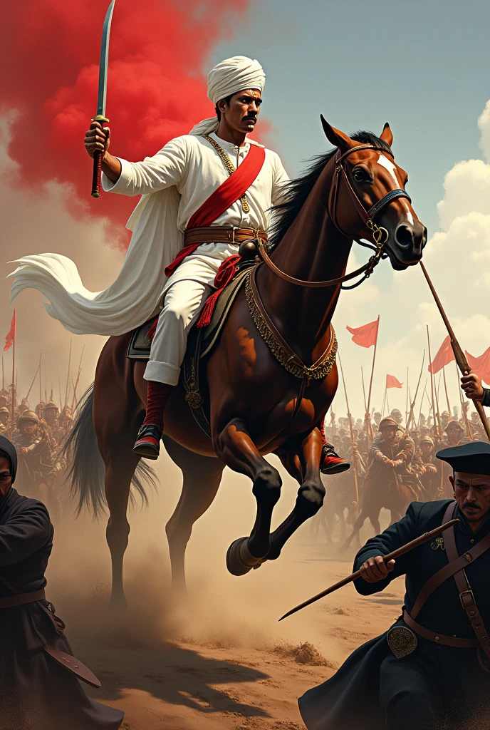 Create an illustration of a historical battle scene featuring Prince Diponegoro, a key figure in the Indonesian struggle against colonial forces. Prince Diponegoro should be depicted in a white traditional outfit, holding a kris (dagger) and riding a horse. He is leading his troops in a fierce confrontation against colonial soldiers, with a dramatic and dynamic atmosphere highlighting the intensity of the battle. The prince wears a turban on his head and a blood red war aura. Gambar sedang galam lokasi pertempuran, tambahkan adegan tertembak dan lain lain yg menggambarkan pertarungan sengit, pasukan pangeran diponegoro adalah rakyat biasa melawan kolonial, buat kudanya melompat dan bentuk gambar landscape. Buat pangeran diponegoro menggunakan sorban warna putih, tambahkan ekspresi kesulitan dan menggunakan keris senjata tradisonal indonesia