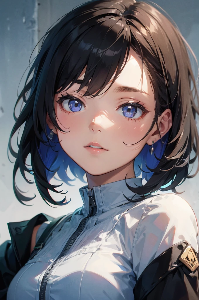 (head of&#39;artwork, best quality, ultra haute résolution),1 fille, promote, dark brown skin, blue eye, blond hair, tetas grandes, thick thighs, Himekat, veste de bureau noire, chemise blanche, skirt, beautiful and detailed face, delicate eyes, detailed nose, Cyberpunk city at night with fog and neon lights