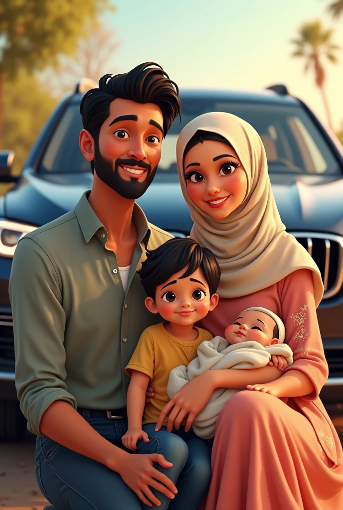 A Disney character man and his hijabi wife with their two children one boy and one  girl,sitting in front of a suv car