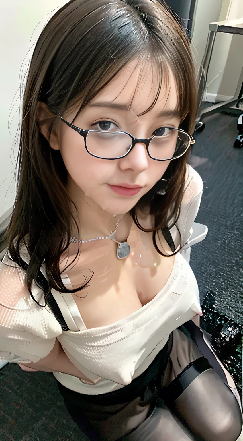 Masterpiece, Best quality, Real, Mature female, Feminine, （Cute face）, Sexy face，Soft face，Beautiful detailed eyes, In his thirties，Water-colored eyes, Bare legs, Long hair, Black hair, hair twirling, bangs, Cute breasts，Kaihuai, black necktie, White shirt, Pleated skirt,White glasses，Ultra-thin black pantyhose, High heels, Empty faculty offices, Stand up, Big breasts, The shirt covers the large bust,Very slender legs, Beautiful,Keep one's mouth shut，open lips，Daytime, Ultra HD, Textured skin, Super detail, High detail, High quality, high resolution, 16k,Chiaroscuro，