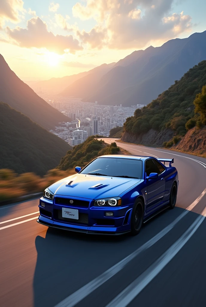 Blue Nissan GTR R34 drives on a mountain road in Japan, city below, soleil couchant, bokeh, Lignes de Vitesse, High resolution, Awarded several times, Artwork, Next to, 