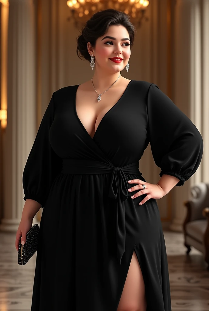 A black dress with v neck full sleeves and a slit with proper accessories and hairstyle and a cluth  chubby girl prom night look realistic image some other images 
With footwears also  