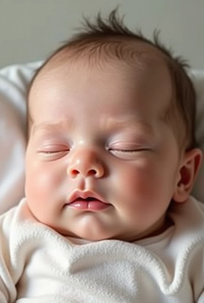 A proper and proportionate newborn nasal. Well-defined lips in cross-sections and coronas, mental region with normal dimensions and adequate mandibular ossification, apparently intact bony palate. Orbits with normal spherical shapes. The baby is a female and is lying in bed with eyes closed. Make the picture photorealistic