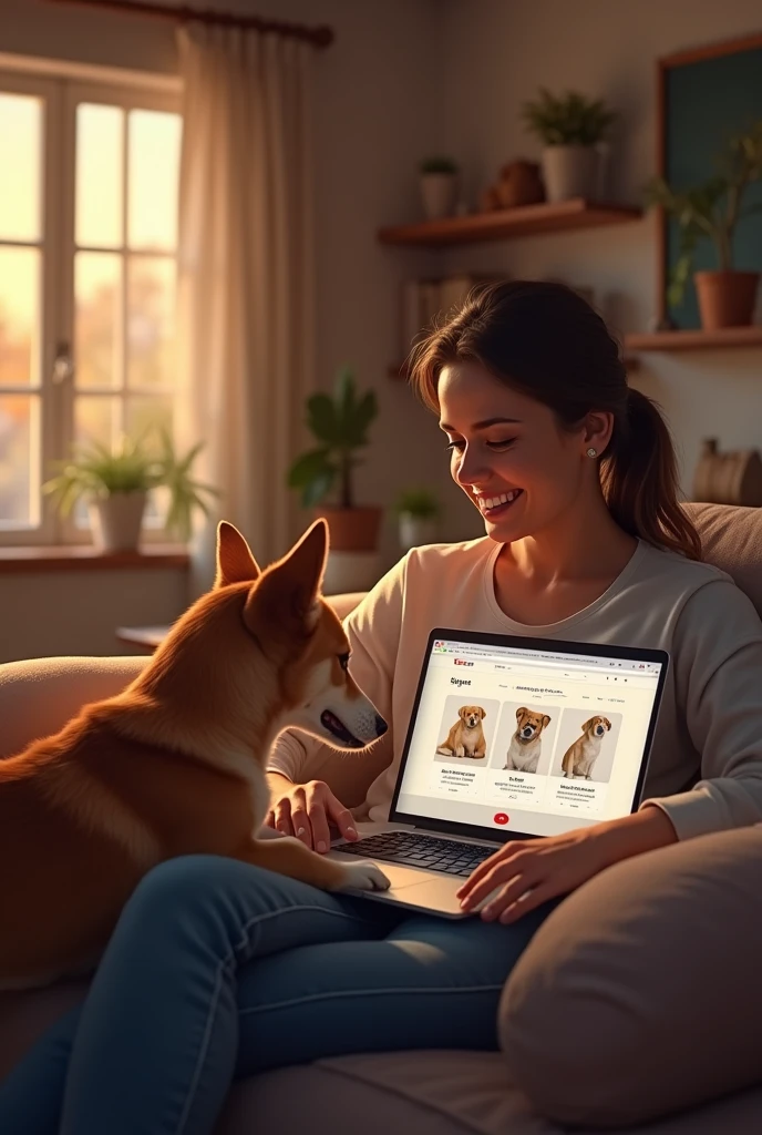 A pet dog lover and her pet watching her pet store website on laptop. the pet store link is https://store2314.storegro.net/, show this in store display