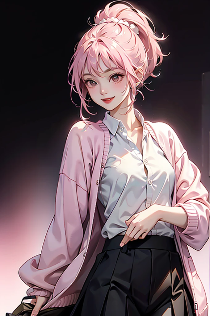 1girl, back long ponytail, smile, shirt with pink cardigan, black skirt, standing, (((clear background)))