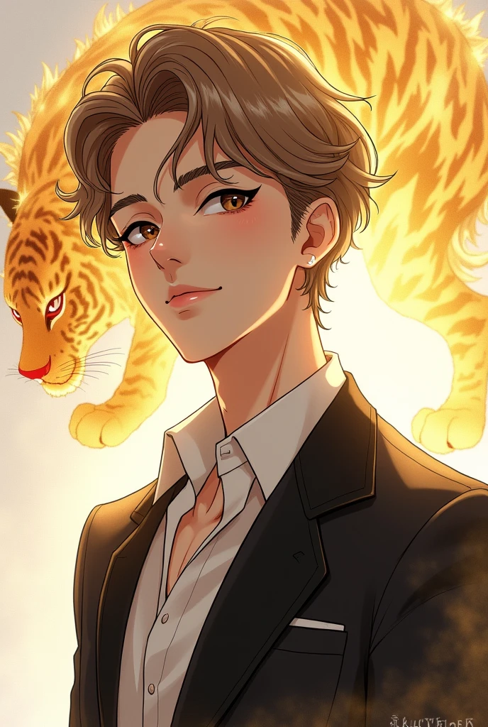 Manhwa style, A young man, Highschool student, maduro, high, elegant, arrogant, smiling, mischievous expression, looking straight ahead, hair combed to one side, White skin, light brown hair and eyes, eyes shining with curiosity, behind him a very subtle transparent magic aura simple transparent with the shape of a bright golden tiger as if it were an alter ego