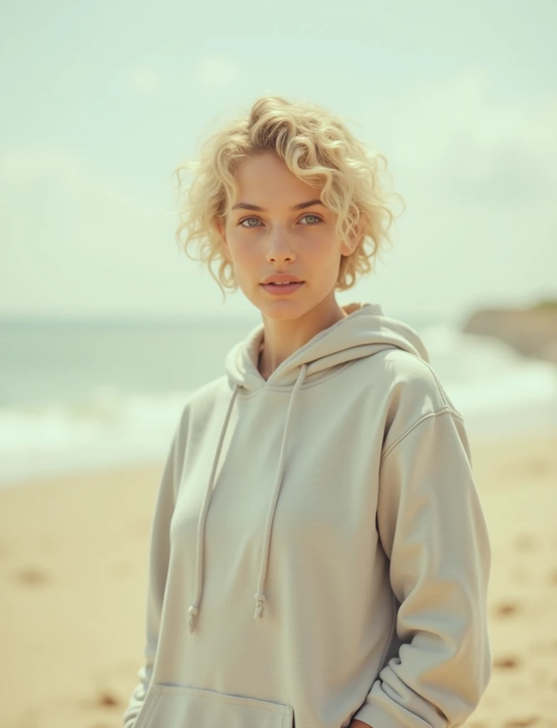 Ultra high quality photo of a Argentinian 25.y.o beautiful woman looking for octopus on the beach. short pixie curly blonde hair. white skin. wearing shorts and grey hoodie. Shot on iphone 15. perfect sunset light. Asturias beach. Film Grain. 8k picture. artistic shadows.