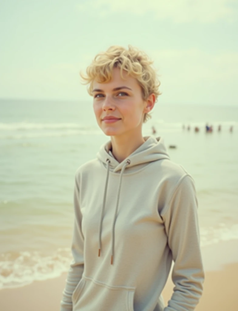 Ultra high quality photo of a Argentinian 25.y.o beautiful woman looking for octopus on the beach. short pixie curly blonde hair. white skin. wearing shorts and grey hoodie. Shot on iphone 15. perfect sunset light. Asturias beach. Film Grain. 8k picture. artistic shadows.