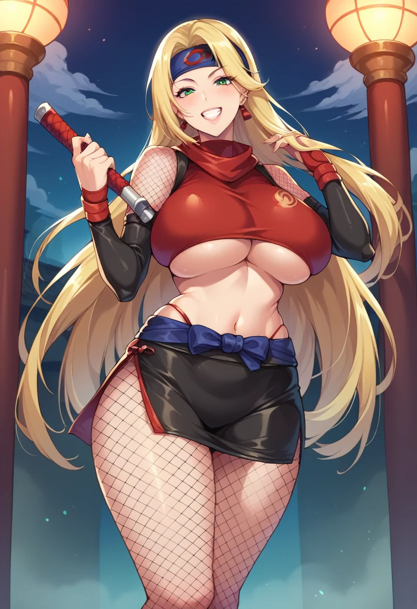 masterpiece, best quality, (1 girl), solo, wide hips, (huge breasts), slutty grin, mature girl, wide hips, ninja village, nighttime, detailed eyes, open mouth, ((wearing a slutty ninja outfit)), slutty, (very long hair), curvy, nice hips, kunoichi, ((ninja girl)), ninja outfit, midriff, short skirt, (fishnet), underboob, kunoichi skirt, blonde hair, fishnet bodycon, wide hips, voluptuous, mature, milf, wide hips, bearing hips,