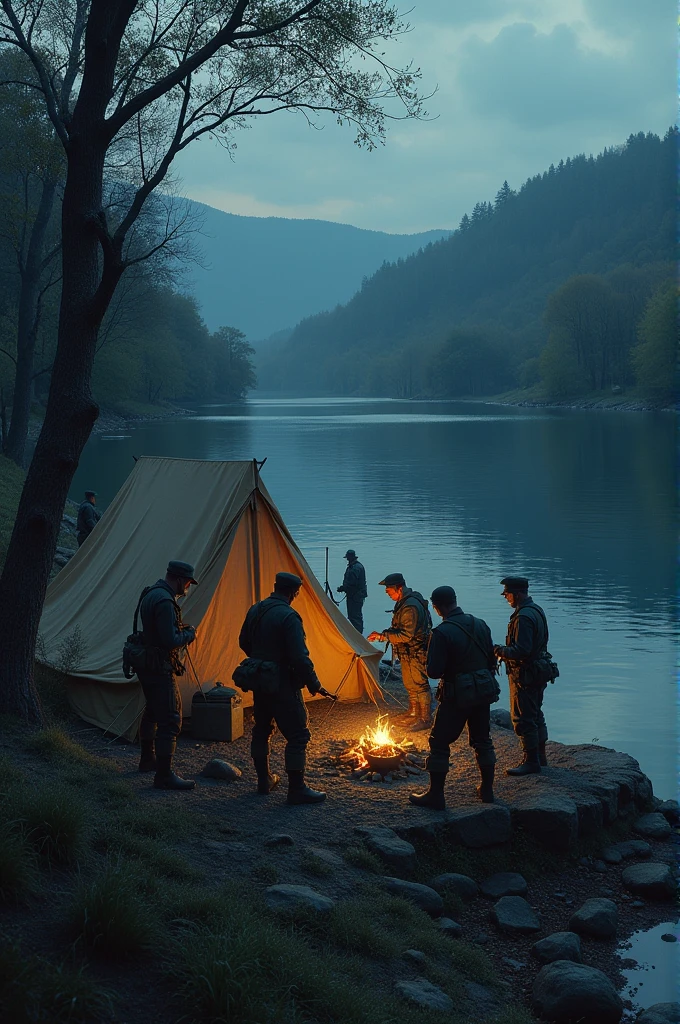 The soldiers set up camp along the water's edge, unaware of the eyes watching them