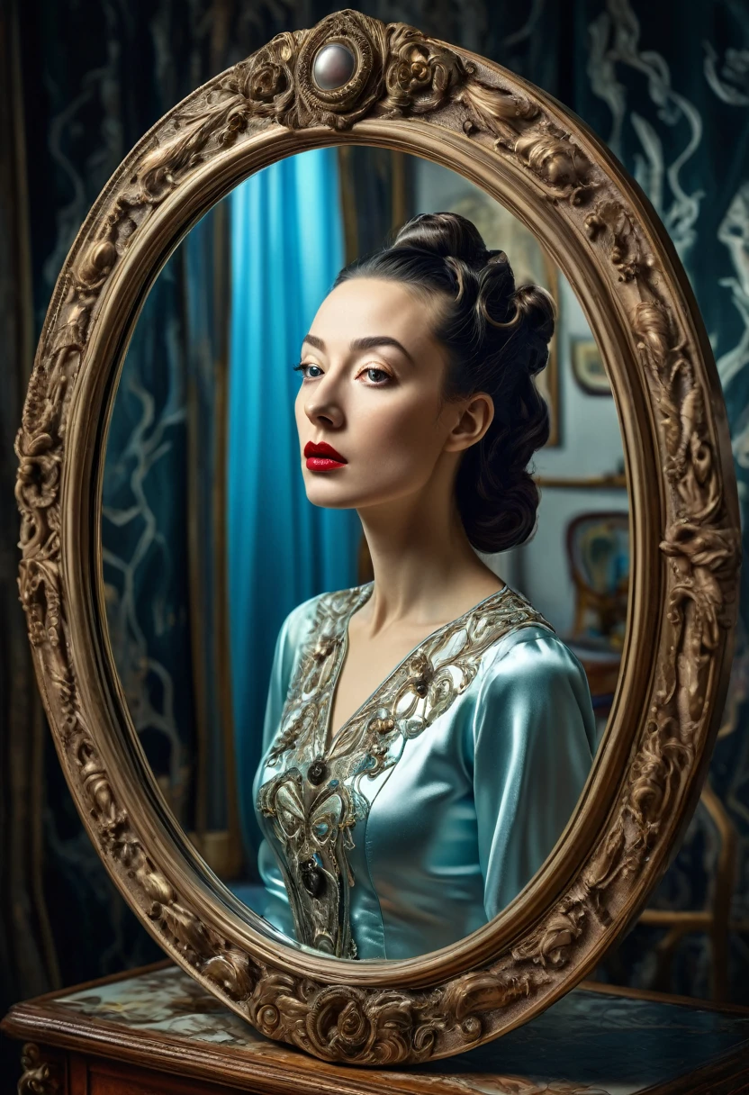 a surreal, dreamlike portrait of a woman reflected in a mirror, Salvador Dali style, intricate and bizarre, retro-futuristic, hyperrealistic, highly detailed, intricate, ornate, elegant, flowing fabric, mesmerizing, ethereal, enigmatic, mysterious, unsettling, (best quality,8k,highres,masterpiece:1.2),ultra-detailed,(realistic,photorealistic,photo-realistic:1.37),surrealism,surrealportrait,mirror,reflectioninmirror,retro,retrofuturistic,bizarre,intricate,ornate,elegant,flowing,mesmerizing,ethereal,enigmatic,mysterious,unsettling,vibrantcolors,dramatic lighting