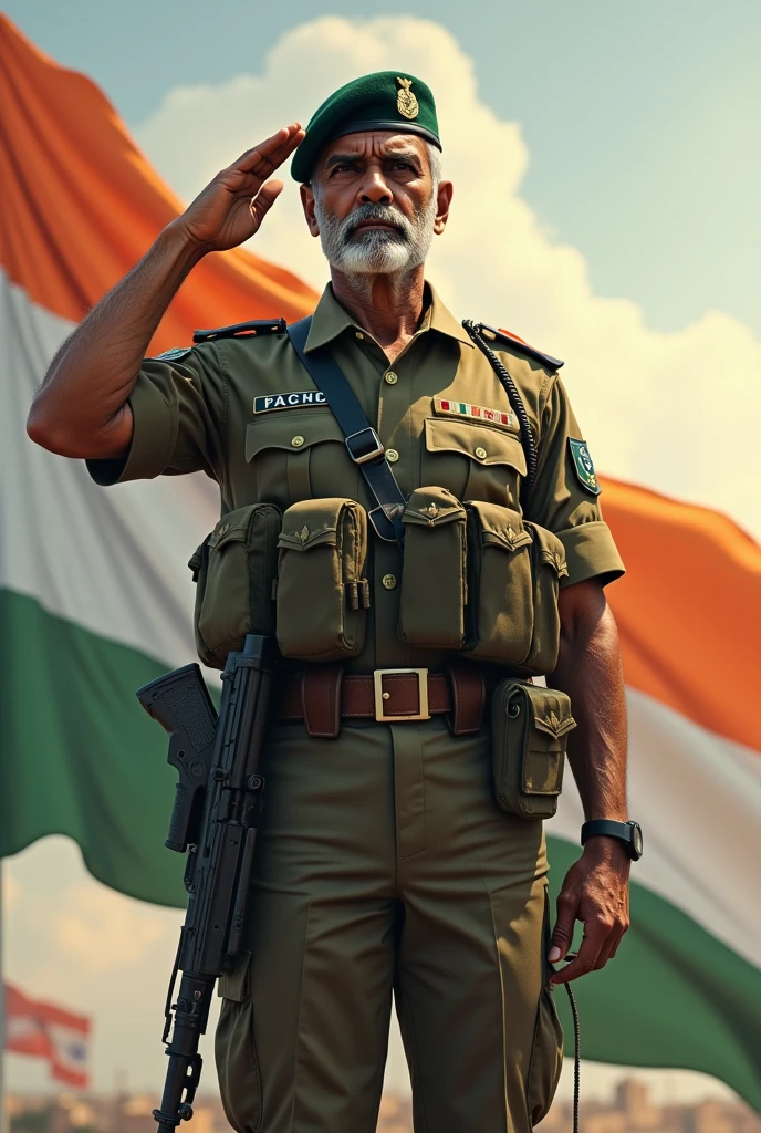 An Indian soldier aged 35 years wearing military outfit and holding a am 47 gun in one hand and saluting to Indian flag with another hand
