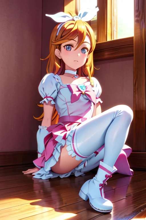 Cure Rhythm、Pretty Cure、Blonde、Long Hair、Medium chest、Bedroom、One girl、((pantyhose))、(boots)、Leg spread、Poop sitting