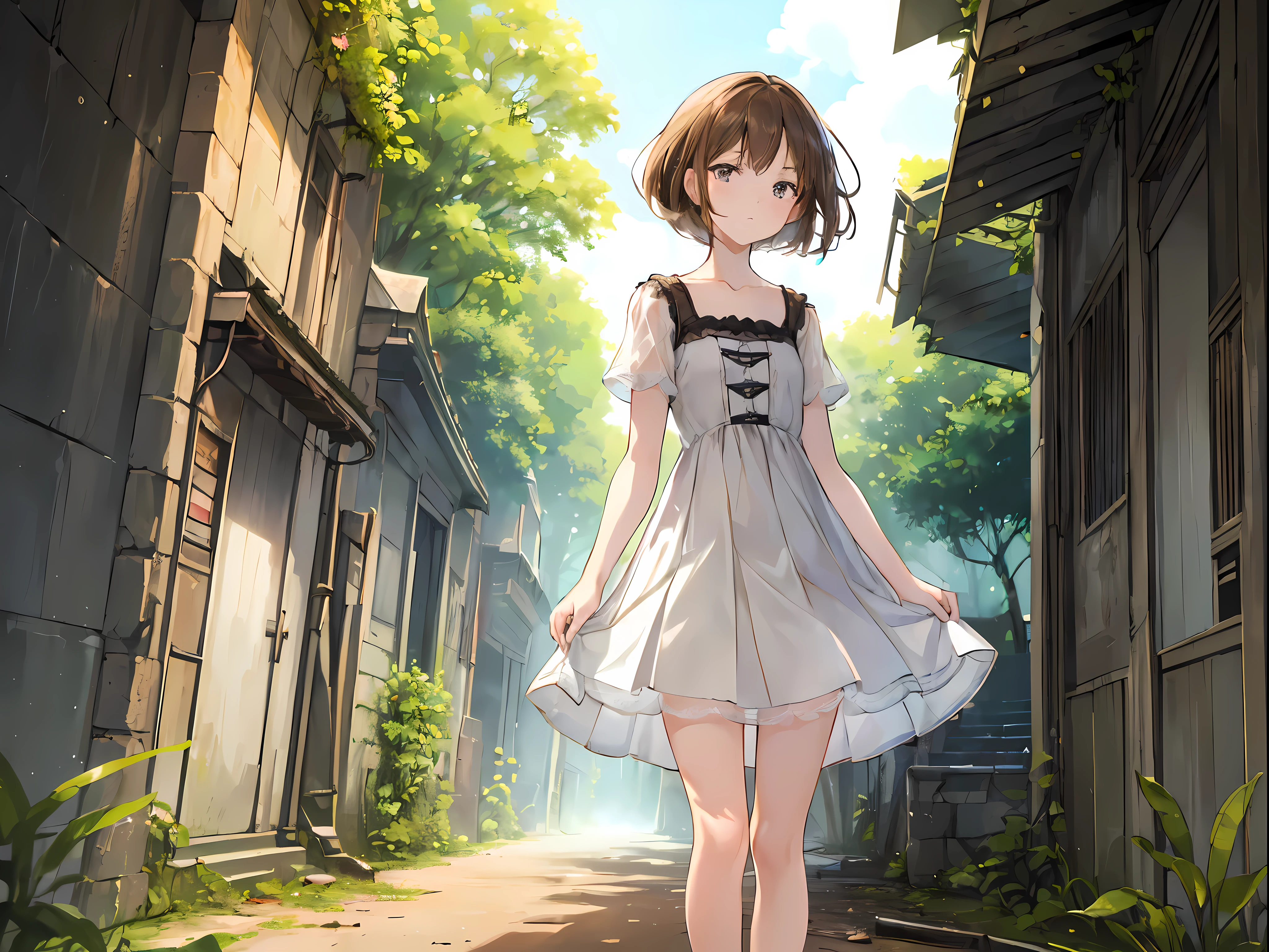 (masterpiece:1.2), best quality, highres, original, (extremely detailed:1.2), ultra-detailed, wallpaper, perfect lighting,(extremely detailed CG:1.2), 8k, anime illustration, 1boy, solo, crossdressing, (brown hair, Bob hairstyle,haircut:1.1), (white knee-length dress, summer dress, pleated dress, short sleeves, lace hemline, black line bottom the dress, delicate dress, flat chest:1.2), walking in urban ruins, (urban ruins filled with natural vibes:1.2), (anatomically correct:1.5), full body, (cityscape background:0.8), overgrown plants, crumbling buildings, sunlight filtering through trees, peaceful expression, sunny