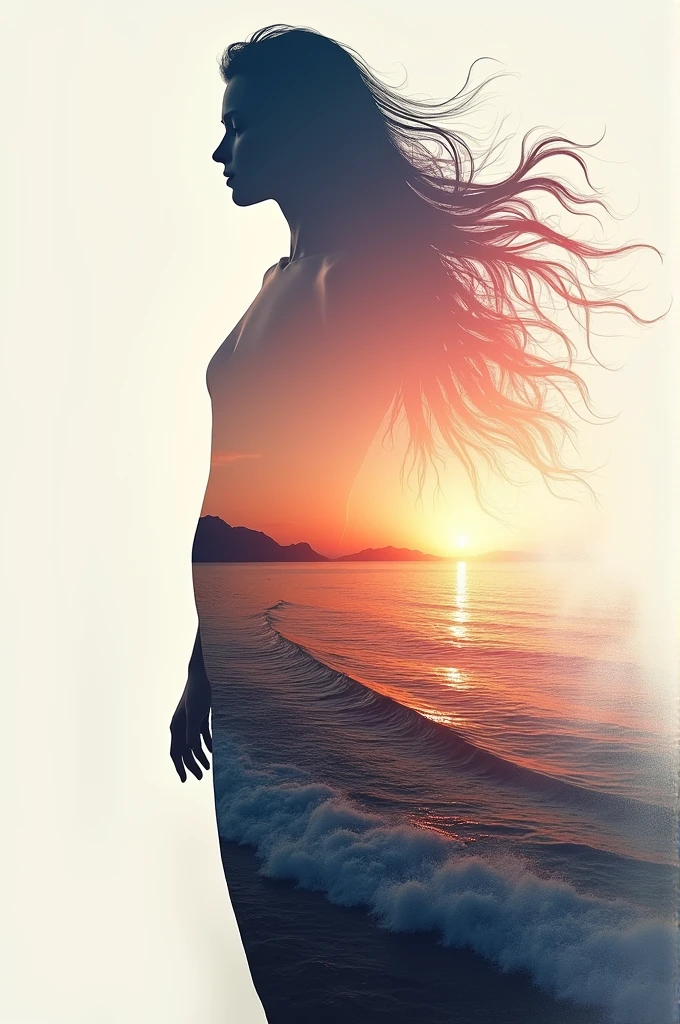 high quality, 8K Ultra HD, A beautiful double exposure that combines an goddess silhouette with sunset coast, sunset coast should serve as the underlying backdrop, with its details incorporated into the goddess , crisp lines, The background is monochrome, sharp focus, double exposure, by yukisakura, awesome full color,