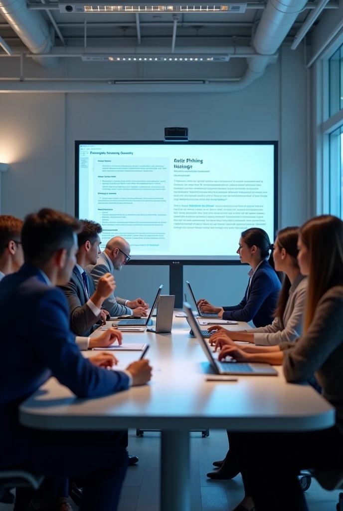 A diverse group of people in a modern office setting participating in a cybersecurity training session. The presentation screen shows a phishing email example, with the trainer explaining the tell-tale signs of a scam. The group is engaged, taking notes, and asking questions, highlighting the importance of education in cybersecurity.