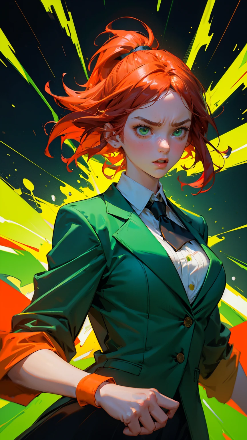 A beautiful, cute girl with a determined and intense expression, wearing stylish business attire — a green blazer, a white blouse, and a black tie. She is standing with both fists clenched in a powerful pose, looking upward with a fierce roar of frustration or triumph. The background is filled with dynamic green hues, splashes of paint, and abstract financial chart lines in bright reds and yellows, conveying a sense of volatility and energy in the stock market. The character is fully visible in a zoomed-out view, with her hair flowing wildly, surrounded by vibrant green color splashes and geometric shapes, emphasizing her intense focus and emotion, looking at camera,