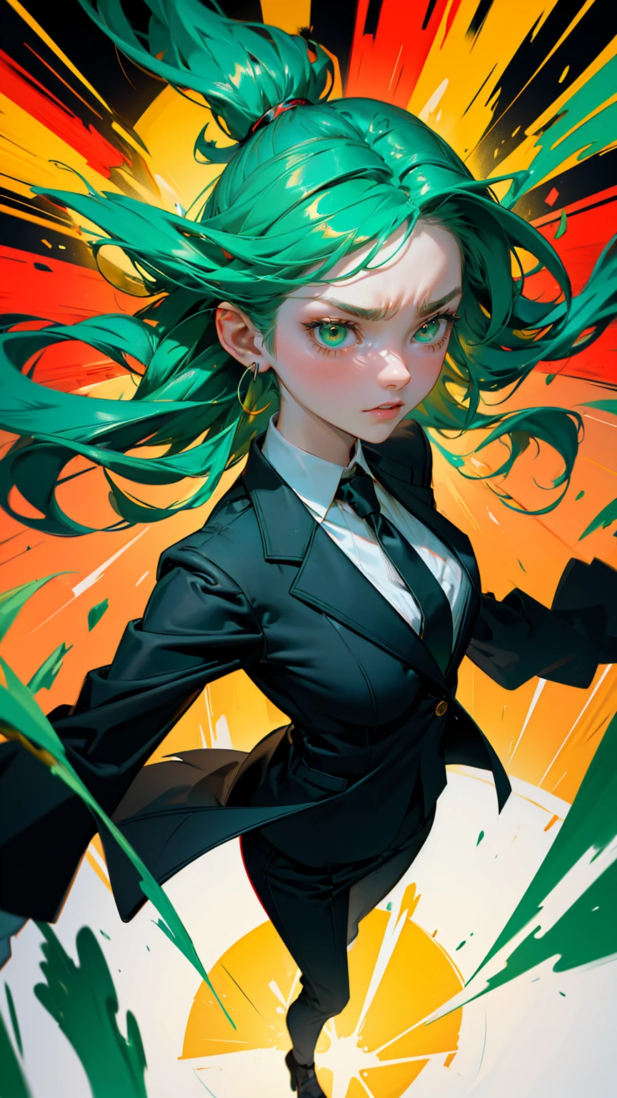A beautiful, cute girl with a determined and intense expression, wearing stylish business attire — a green blazer, a white blouse, and a black tie. She is standing with both fists clenched in a powerful pose, looking upward with a fierce roar of frustration or triumph. The background is filled with dynamic green hues, splashes of paint, and abstract financial chart lines in bright reds and yellows, conveying a sense of volatility and energy in the stock market. The character is fully visible in a zoomed-out view, with her hair flowing wildly, surrounded by vibrant green color splashes and geometric shapes, emphasizing her intense focus and emotion, looking at camera,