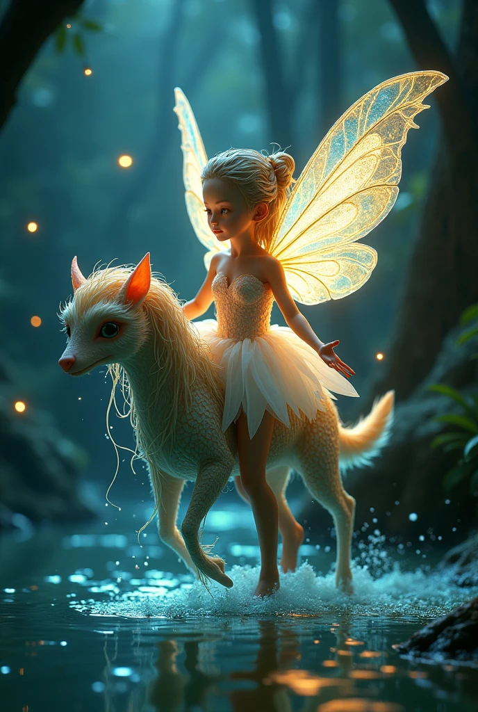 A stunning beautiful fairy princes riding a flying chimeric cutie fluffy creature, lovely big eyes, and emerges from a bioluminescent pond in an enchanted forest. Its translucent wings, veined with gold, glow with the light of fantasy fireflies. wearing a beautiful dress of iridescent petals, curves in a magical and graceful fantastic dance. Luminous roots intertwine with its limbs, connecting it to the mother earth. The background is a dark and mysterious enchanted forest, with ancient trees and fantastic festive creatures on rave party with neon lights, uv light fx, backlights edge shape effect, amazing best quality photography, 12k, impressive masterpiece photo award winner