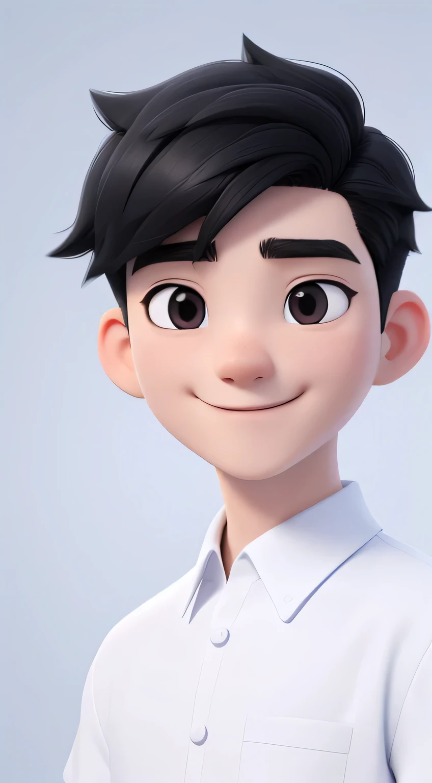 A 30-year-old、White shirt，Chinese male with short black hair, Round face, Round Face，Charming smile, and black eyes, Direct vision