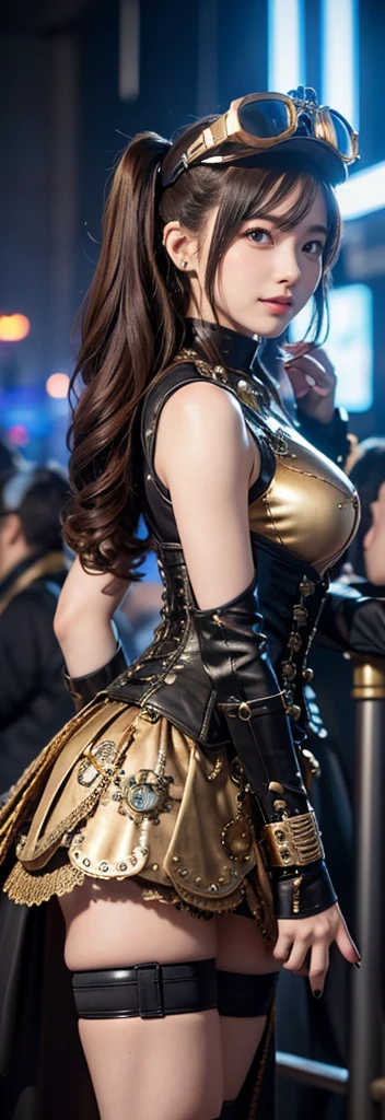 Woman portrait、Highest quality、Rear View、8k,Detailed face, clear, Fine skin、clear, Beautiful Eyes、whole body、Curly Hair、My hair was messed up by the wind、The beauty of a smile、(魅力ofな筋肉、expensive),(), Mature Woman,( Observe the audience),reality((Steampunk antique gold and brown corset、スチームパンク ータ fashion))of, High resolution, Soft Light,1 female, alone, Hip Up, Glowing Skin, (Detailed face), Sexy smile, Perfect Style, Perfect balance,Black Hair,Twin tails,Naughty look,((Playing the steampunk bass))、(Futuristic Steampunk Battleship Background)((Antique Gold Steampunk、Black Mini Skirt、fashion)),(Gold and light blue mecha, High-tech Mecha,Beautiful steampunk cyborg woman,Steampunk Mech Cyborg Girl),(Steampunk light blue、Black jacket)、(Steampunk Goggles,hair ornaments,Wrist cuff,Gemstone Helmet,High Leg,Steampunk dresses),((Playing the steampunk bass)),(Bokeh),(Futuristic Steampunk Battleship Background)、Steampunk Goggles