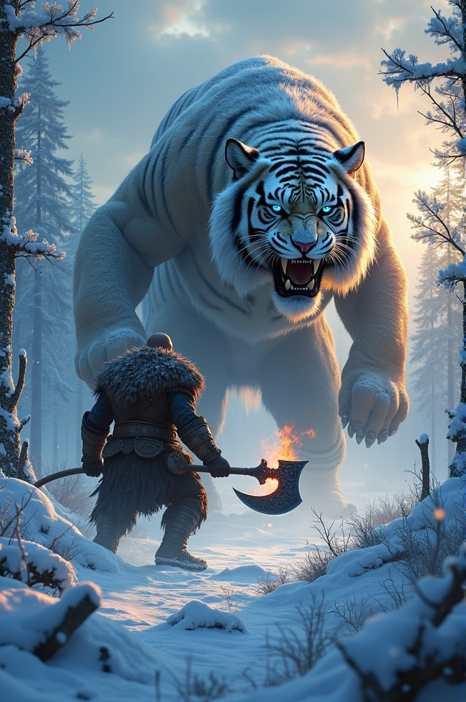 To create an image that could surpass the Midjourney art you provided, while keeping a similar theme of epic confrontation in a harsh, wintry environment, here's a carefully crafted prompt:

**Epic Confrontation in the Frozen Wilderness:**

*"Create an awe-inspiring scene of a fierce battle between a giant, mystical saber-toothed tiger and a legendary Viking warrior in a snow-covered forest at twilight. The saber-toothed tiger, towering over the warrior, has a coat of frost-covered fur, with glowing blue eyes and enormous, sharp fangs that glisten in the cold air. The Viking, clad in intricately detailed fur and leather armor, wields a massive, rune-engraved battle axe, with the blade emanating a faint, mystical glow. The forest around them is dense with ancient, snow-laden trees, their branches heavy with icicles. Snowflakes swirl around in the biting wind, and the ground is littered with the remnants of past battles—broken shields, scattered arrows, and fallen trees. The sky above is painted with the soft hues of a setting sun, casting a cold, blue light that contrasts with the warm, fiery glow emanating from the warrior's weapon. Capture the tension and raw power of the confrontation, with detailed textures on the tiger's fur, the warrior's armor, and the surrounding environment. The atmosphere should be filled with intensity, with visible breath from both combatants and a palpable sense of impending doom. Adventorous, cinematic style. 

### Instructions for SeaArt AI:

1. **Model Selection:**
   - **Nordic Mythic Realism**: To capture the detailed textures of the Viking warrior, the saber-toothed tiger, and the winter landscape.
   - **LoRA + ComfyUI**: Enhance the intricate details on the characters' fur, armor, and the mystical effects of the battle axe.

2. **Style and Lighting:**
   - **Epic Realism**: Focus on realistic textures with dramatic lighting that emphasizes the contrast between the cold environment and the warm glow of the magical weapon.
   - **D