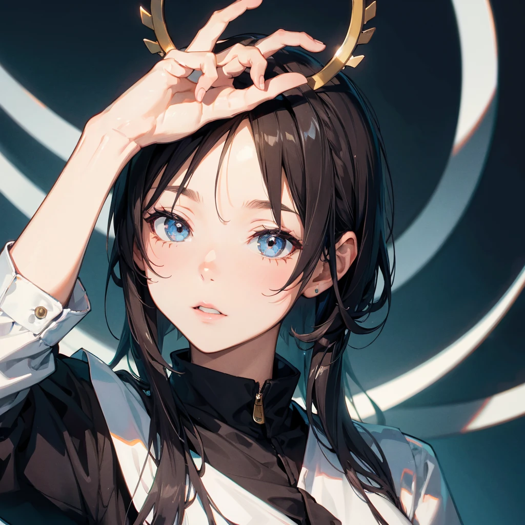 (head of'artwork, best quality, ultra haute résolution),1 fille, promote, dark brown skin, blue eye, blond hair, tetas grandes, thick thighs, Himekat, veste de bureau noire, chemise blanche, skirt, beautiful and detailed face, delicate eyes, detailed nose, Cyberpunk city at night with fog and neon lights