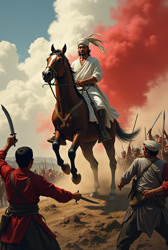 Create an illustration of a historical battle scene featuring Prince Diponegoro, a key figure in the Indonesian struggle against colonial forces. Prince Diponegoro should be depicted in a white traditional outfit, holding a kris (dagger) and riding a horse. He is leading his troops in a fierce confrontation against colonial soldiers, with a dramatic and dynamic atmosphere highlighting the intensity of the battle. The prince wears a turban on his head and a blood red war aura. Gambar sedang galam lokasi pertempuran, tambahkan adegan tertembak dan lain lain yg menggambarkan pertarungan sengit, pasukan pangeran diponegoro adalah rakyat biasa melawan kolonial, buat kudanya melompat dan bentuk gambar landscape. Buat pangeran diponegoro menggunakan sorban warna putih, tambahkan ekspresi kesulitan dan menggunakan keris senjata tradisonal indonesia.