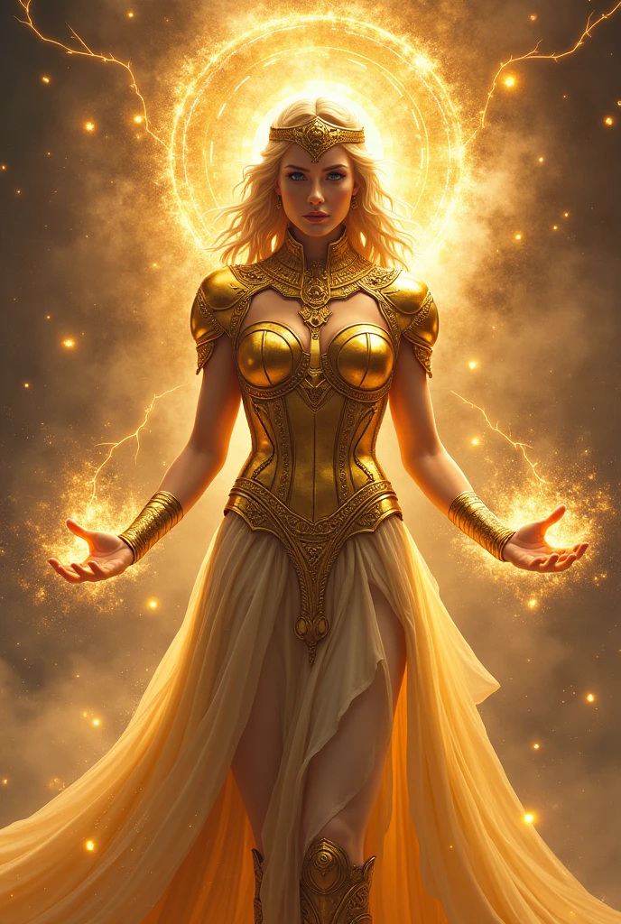 Athena godess of wisdome wearing gold curse using hands by magic