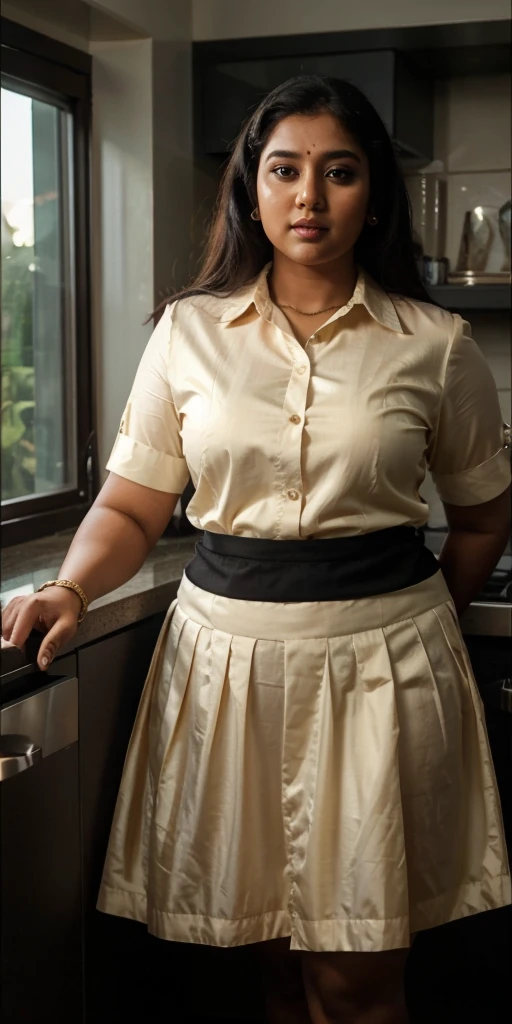 A 3 plus sized South Indian women wearing a cream colour silk short skirt and black colour shirt, standing in a kitchen