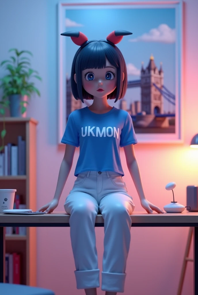create a 3d Anime character and she was sitting straight on the table her room was UK theme studio with london bridge and famous university of london in wall frame and she have a ear wear a blue tshirt with white UKMON written on it and white trouser and her position was straight and background light was blue and pink and aspect ratio is 16:9 for Youtube