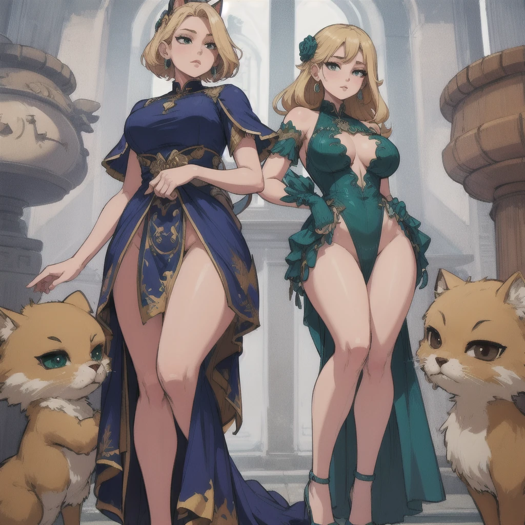 breasts big, thick-thighs, standing, dress distributed, thighs showing, emerald earrings, hair blonde, blue transparent dress, 独奏, 1 ,