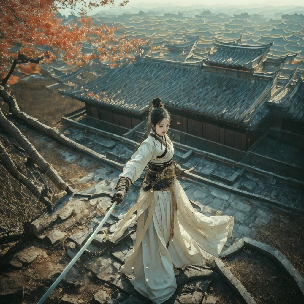 Create an image of a Chinese woman with long hair in traditional East Asian warrior costume. Black dress.,white,Gold, a young woman holding an ancient Chinese sword, fighting, her body emitting a silver aura. The dark background should include ancient East Asian architectural elements, such as a tiled roof and wooden pillars. The scene should be outdoors with natural elements, such as bamboo trees or bushes. The lighting should be early morning or late afternoon to create a quiet yet mysterious atmosphere., Leaves scattered