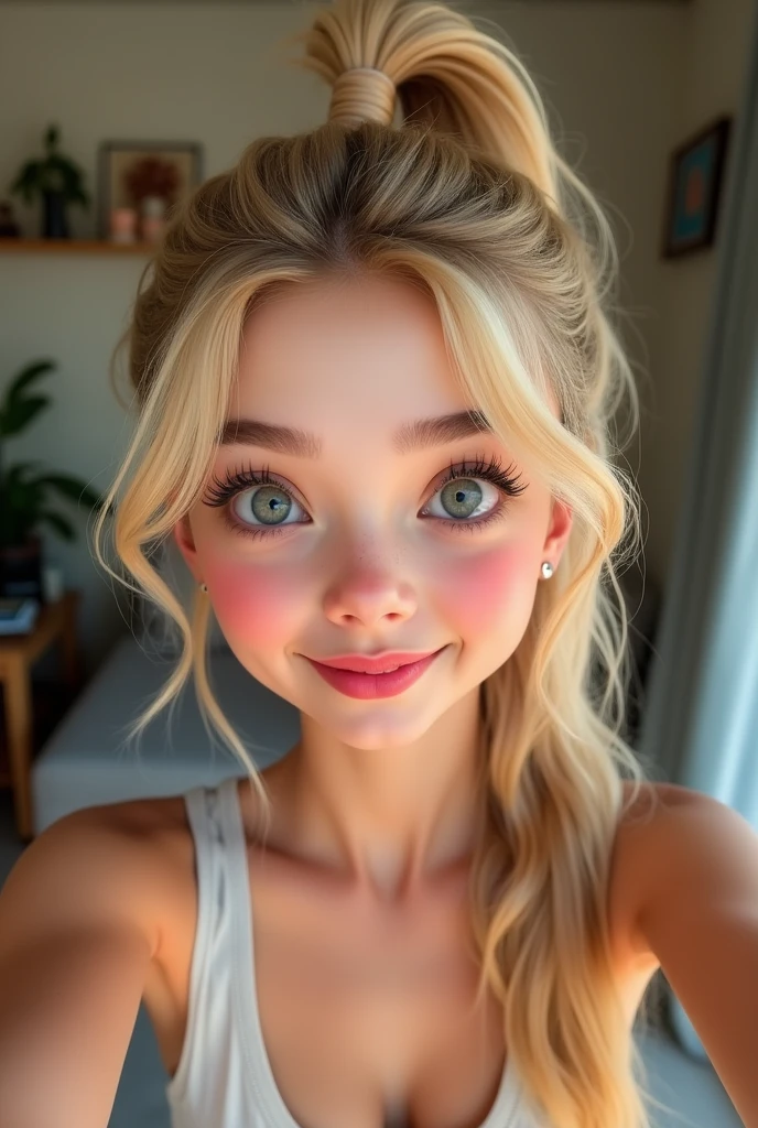 highest resolution, realistic selfie, realistic blonde female, everyday settings, pony tail, as close to a real image, cute face, crop top