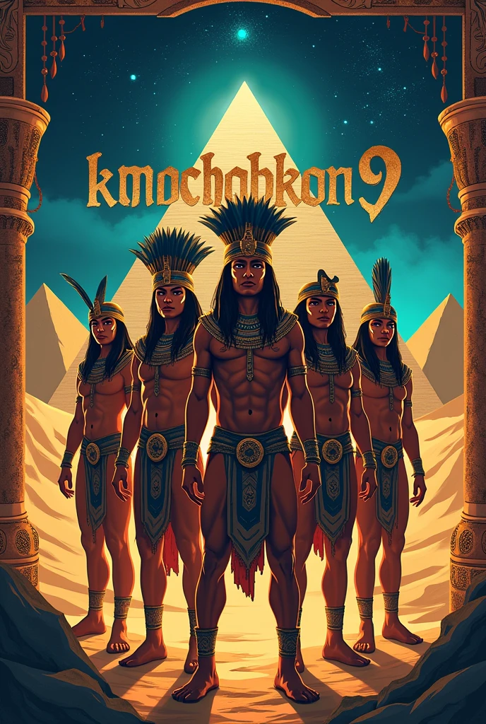 Camp poster theme:tribe egypt tribe red indian In the picture, the word KONCHOBKON9 is written in an ancient font.