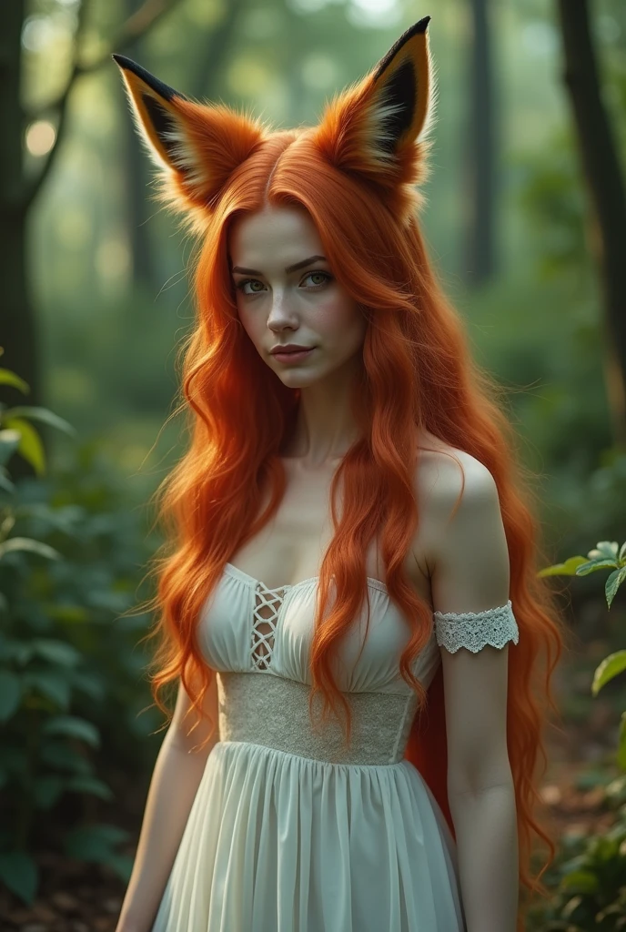 (raw photo, best quality) , (Realistic, photo-realistic: 1.4), extremely formidable overall plan, masterpiece, ultra-detailed, high resolution, best illustration, best shadow, complex, depth of field, very beautiful Western white woman with bewitching beauty (very photorealistic style), she has long red hair light brown eyes, she has a single beautiful fox tail, and beautiful medium-sized fox ears, she only has fox ears on her head ((she does not have human ears on her head)) ((No human ears on her head)), she wears a long thin white dress, she has a beautiful radiant smile, she is in a green forest, general shot, 8k photorealist style, DSLR, high quality, (film grain: 1.4), Fujifilm XT3,