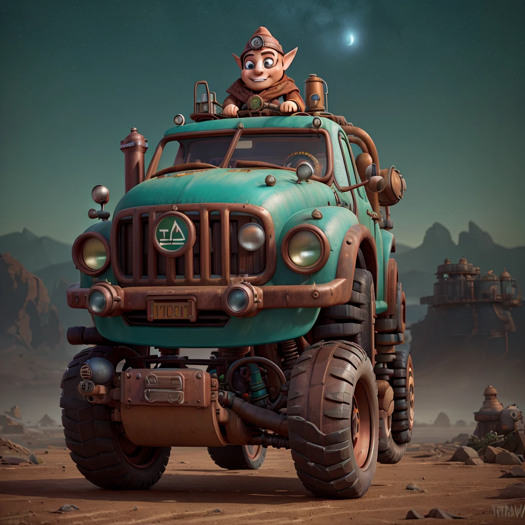 A hyper-realistic matte painting featuring a beautiful happy garden gnome, driving on a (((steampunk))) pickup monster truck through a teal desert. His flattering white scarf adds movement to the scene, set against a star-filled night sky enveloped in a foggy, smoky, dystopian ambience. Enhanced details, intense focus, bold brushstrokes, nitro grunge aesthetic with a colour palette of vivid reds and greens. Captured in RAW photography . Art by Anton Semenov