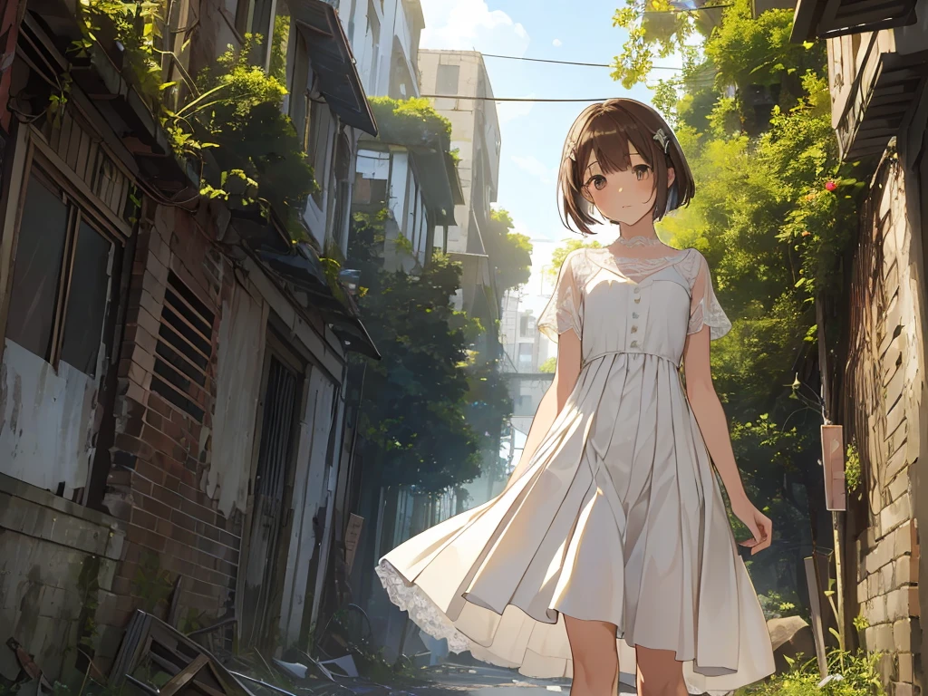 (masterpiece:1.2), best quality, highres, original, (extremely detailed:1.2), ultra-detailed, wallpaper, perfect lighting,(extremely detailed CG:1.2), 8k, anime illustration, 1boy, solo, crossdressing, (brown hair, Bob hairstyle,haircut:1.1), (white knee-length dress, summer dress, pleated dress, short sleeves, lace hemline, black line bottom the dress, delicate dress, flat chest:1.2), walking in urban ruins, (urban ruins filled with natural vibes:1.2), (anatomically correct:1.5), full body, (cityscape background:0.8), overgrown plants, crumbling buildings, sunlight filtering through trees, peaceful expression, sunny