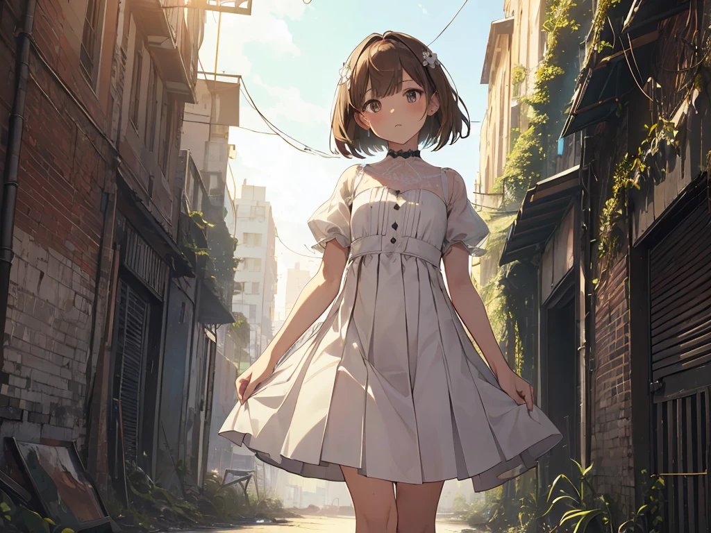 (masterpiece:1.2), best quality, highres, original, (extremely detailed:1.2), ultra-detailed, wallpaper, perfect lighting,(extremely detailed CG:1.2), 8k, anime illustration, 1boy, solo, crossdressing, (brown hair, Bob hairstyle,haircut:1.1), (white knee-length dress, summer dress, pleated dress, short sleeves, lace hemline, black line bottom the dress, delicate dress, flat chest:1.2), walking in urban ruins, (urban ruins filled with natural vibes:1.2), (anatomically correct:1.5), full body, (cityscape background:0.8), overgrown plants, crumbling buildings, sunlight filtering through trees, peaceful expression, sunny