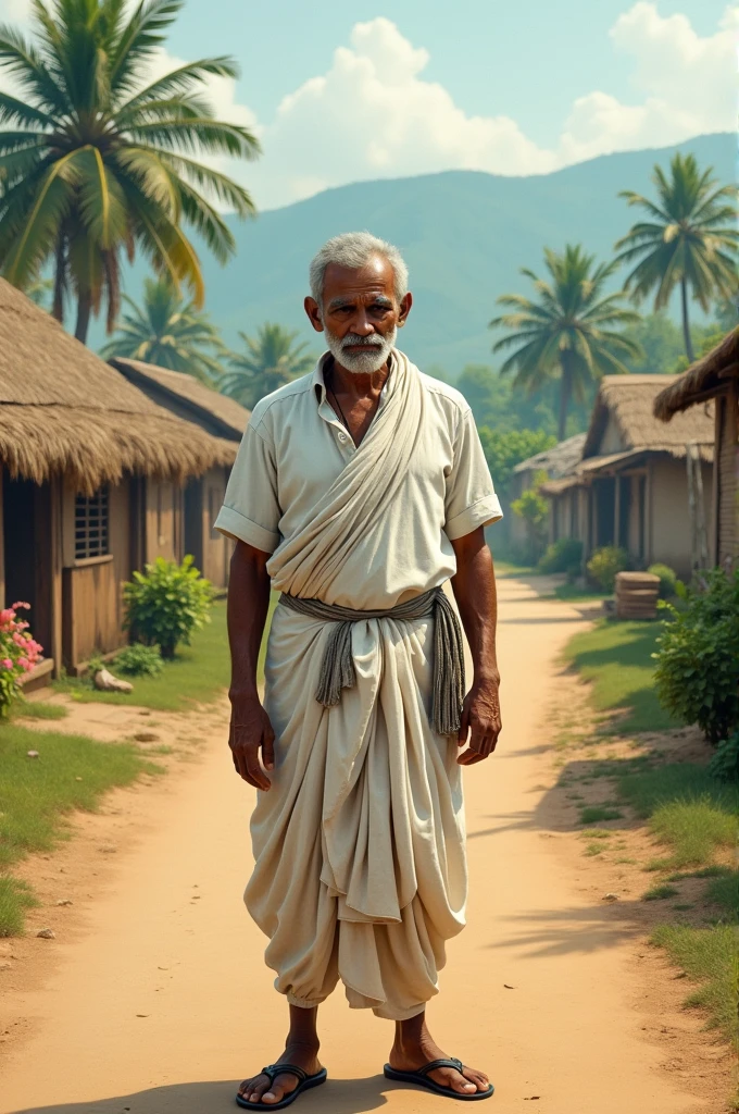 A men with white shirt and dhoti standing in the road side in the village