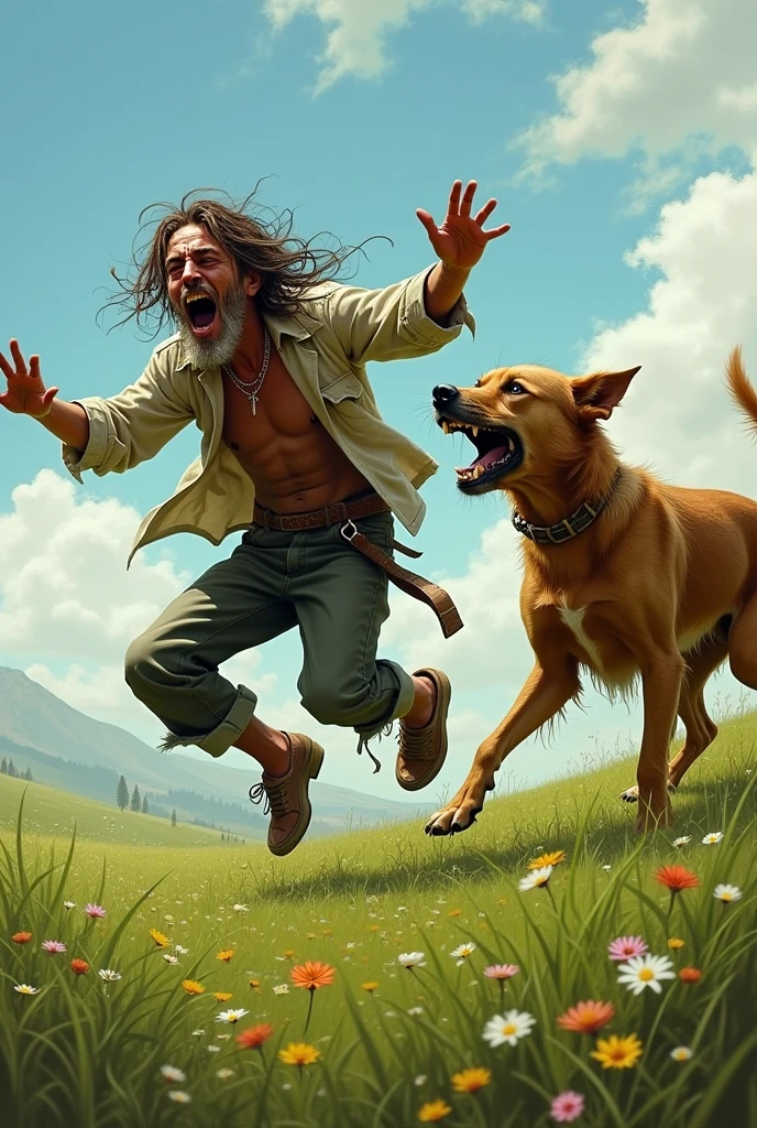 A mad beggar with a mad bitch dancing like madmen in a field