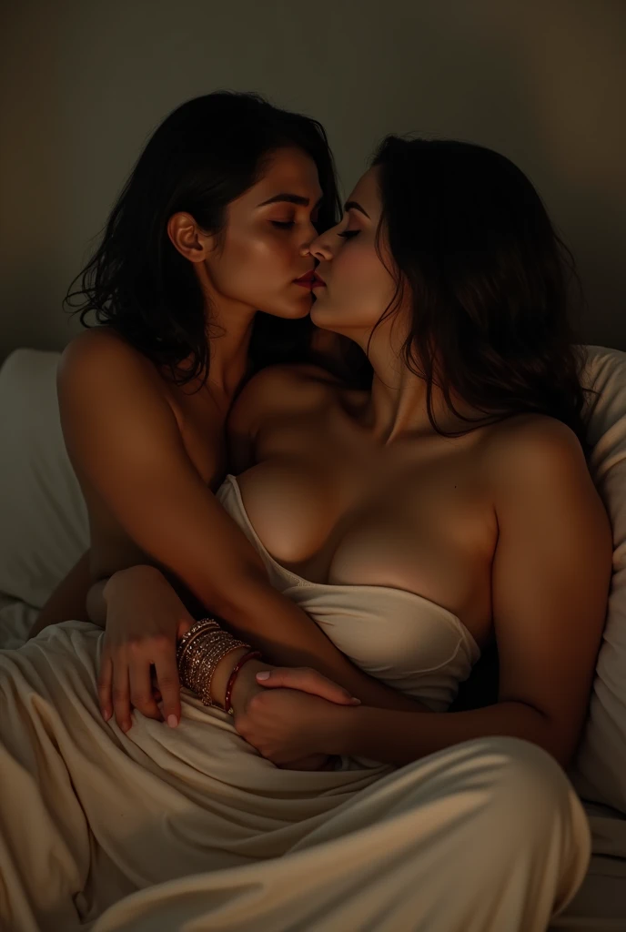 (photorealism:1.2), horny 2 Indian nude woman with big boobs, lying on bed, first girl with white bra and second with black bra, long curly hair, indoors, soft lighting, horny pictures in background, window with sunlight, cozy room, sucking the nipples, holding the bed, realistic, intricate details, warm colors, by Greg Rutkowski, by Alphonse Mucha, 