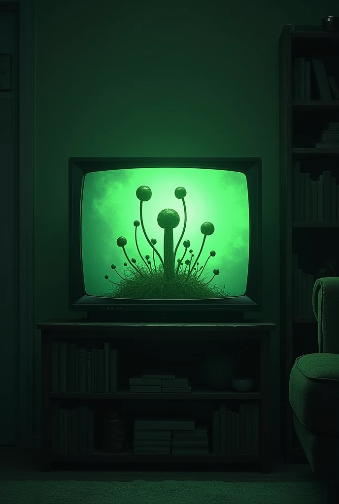 There is a dark house and there is a TV on top of a bookshelf and inside the TV there is an image of an evil green plant similar to a bean sprout with sensual buds and stems and the house is filled with a vast darkness and frightening density