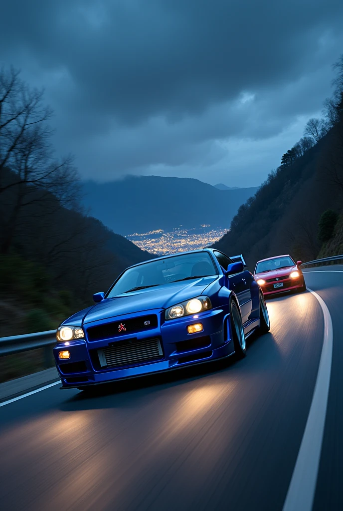 Nissan gtr r34 bleu et une mitsubishi lancer evolution 9 roule roule sur une route de montagne sinueuse au Japon, city below, nuit, bokeh, Lignes de Vitesse, High resolution, Awarded several times, Artwork, Next to,
