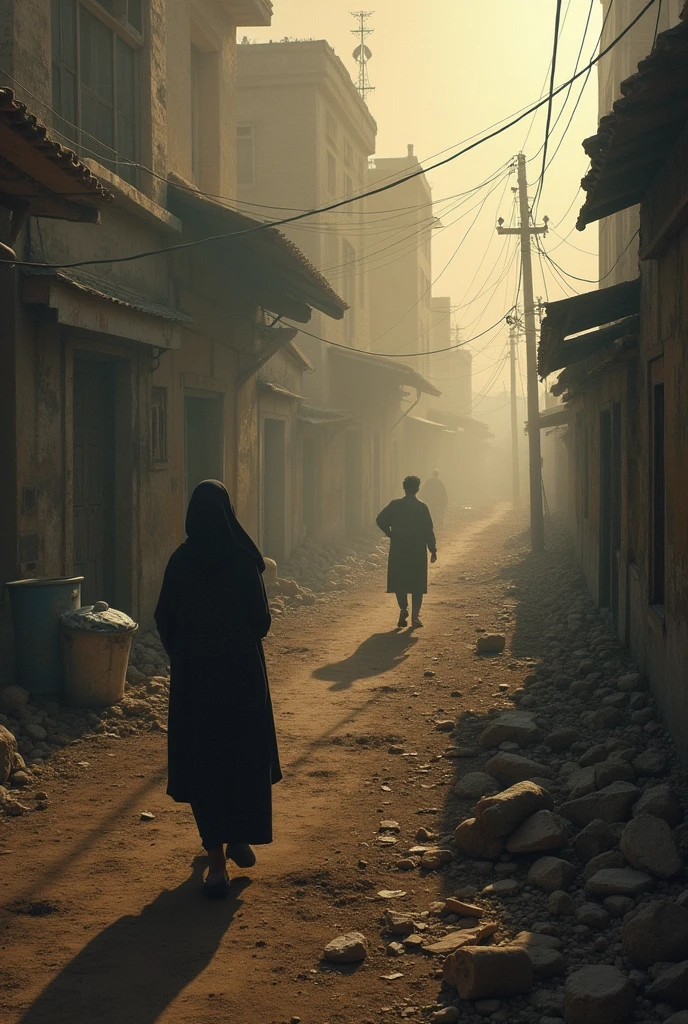A group of poor people in rags walk with their backs to the photo,Walk through vast ruins,Under a black sky,In the distance, There is a fuzzy black monster in the fog。