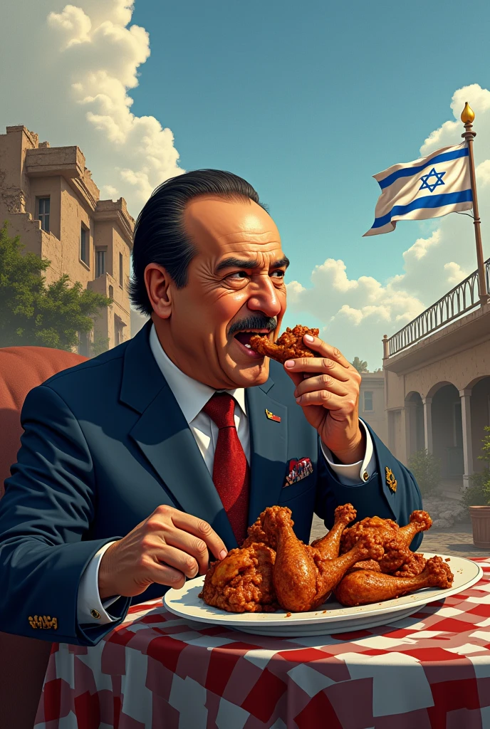 president sisi eating meat chiken phalastine stting
Broking house isreal air force flag stand land